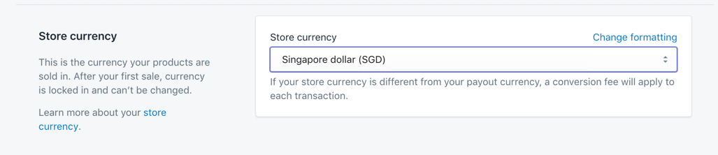 Shopify store currency SIngapore dollars